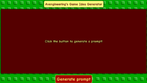 The UI for Avengineering's Game Idea Generator is pictured where users can click a button to generate a prompt.